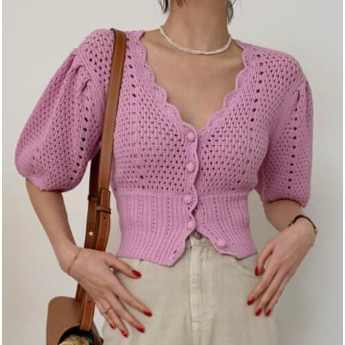2021 Summer Casual Knitwear Sweater Puff Sleeve Hollow Out Crochet Flower Cardigan Women Elegant V Neck Slim Knit Crop Top