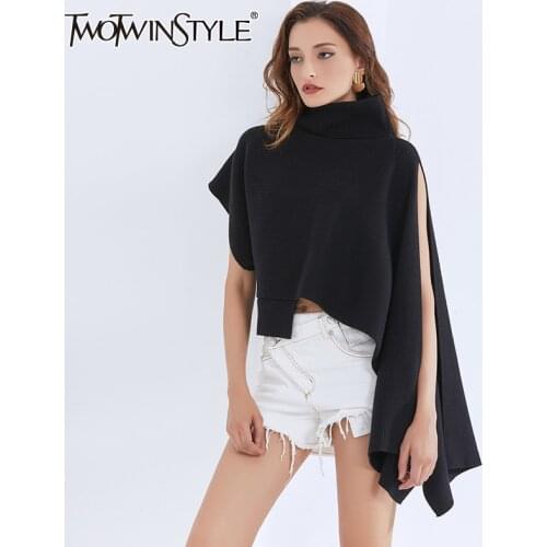 TWOTWINSTYLE Irregular Sweater For Women Turtleneck Batwing Short Sleeve Side Split Knitting Sweaters Female 2020 New Clothing