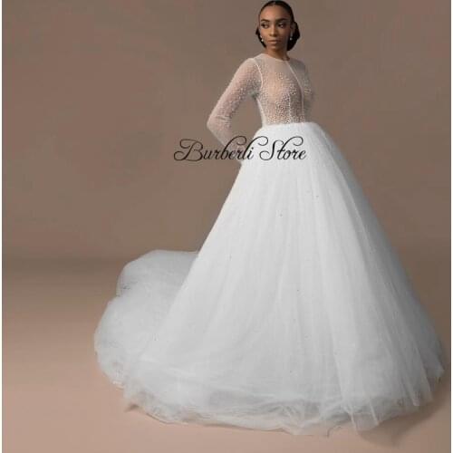 See Thru White Beaded Tulle Women Party Dresses Elegant Long Sleeves Pearls A-line Summer Prom Gown To Wedding Party Bridal Dre