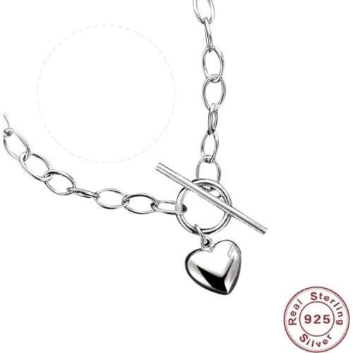 925 Sterling Silver Toggle Clasp Heart Pendants Necklaces For Women Femme Rock Long Chain Circle Round Love Couples Neck Jewelry