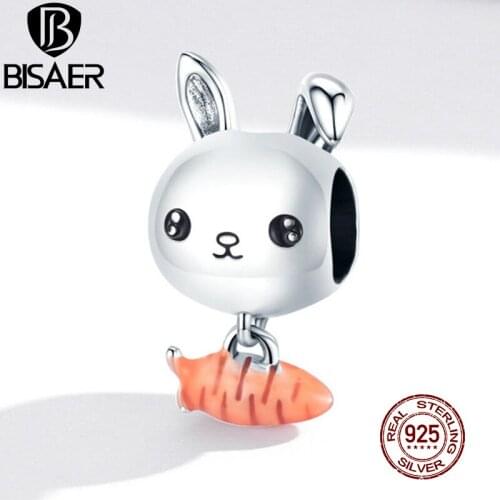 BISAER Rabbit & Carrot Beads 925 Sterling Silver Animal Bunny Charms Pendant Fit Original Bracelet Necklace S925 Jewelry EFC272