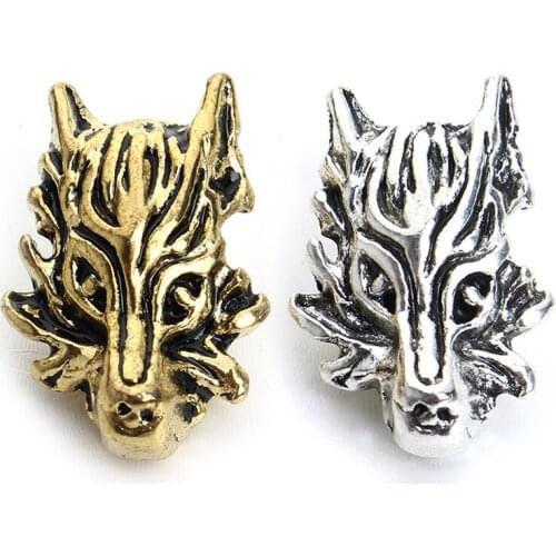 10pcs Antique Gold Silver Color Wolf Head Metal Spacer Charm Beads for Mens Women DIY Bracelets Jewelry Making Findings