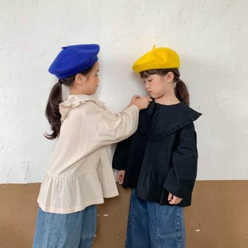 Childrens Shirt 2021 Autumn New Girls' Solid Color Korean Cute Big Turn-down Collar Flower Edge Shirt Loose Long Sleeve Shirt