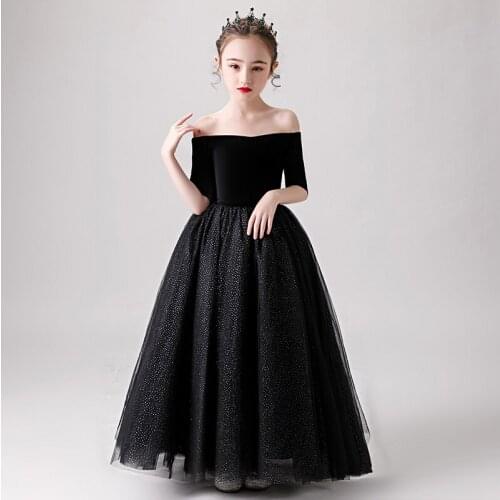 Flower Girl Dress Luxury Black Lace Illusion Sequined Off The Shoulder Princess Floor-Length Tulle Boat Neck Kid Party Gown H209