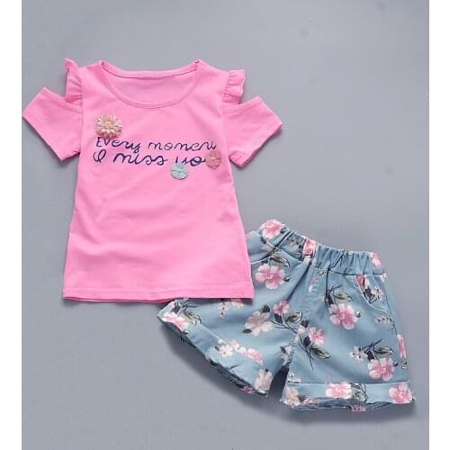 Baby Girls Clothing Sets 2020 new summer Newborn Girl Clothes Flower Red T shirt + Blue Floral Shorts Children clothing Outfits