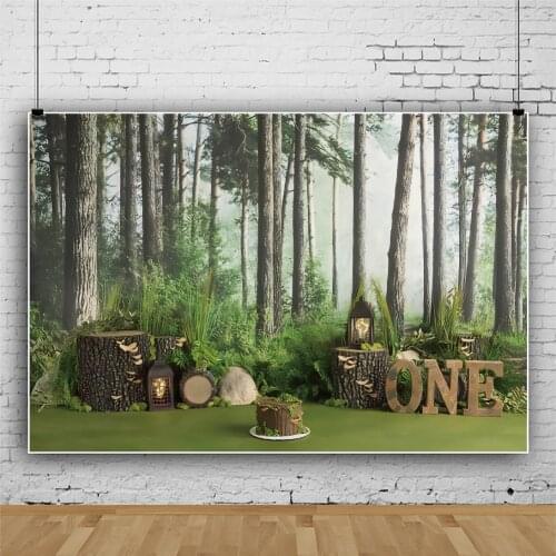 Laeacco Green Forest Tree Wood Grass Happy 1st Birthday Party Child Photozone Photo Background Photocall Photographic Backdrop