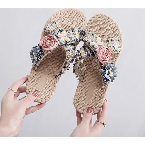 Summer female slippers worn beach shoes female seaside holiday cross handmade flowers simple retro sandals and slippers ladies