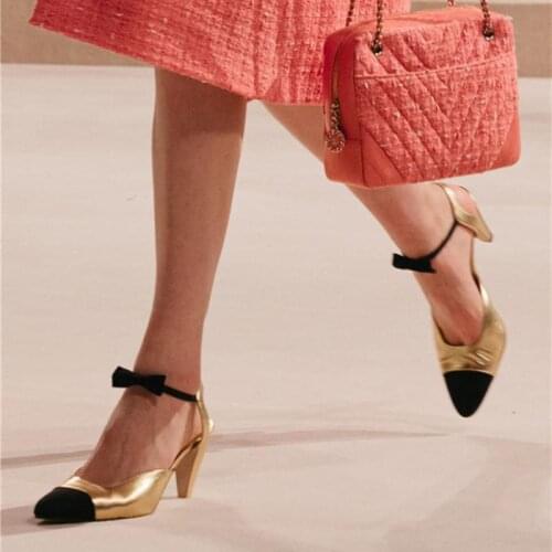 Fashion Catwalk Shoes Womens Temperament High Heels Mary Janes Single Shoe Black Butterfly-knot Gold Party Shoes Sandals Pumps