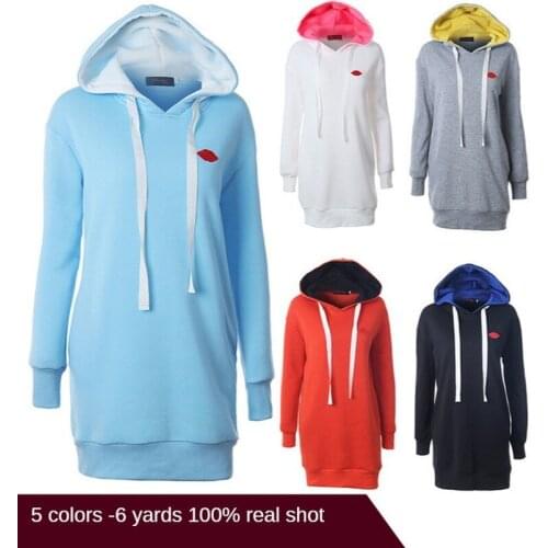 New style hoodie women lips decoration drawstring hooded contrast color long coat