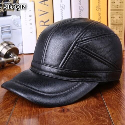 SILOQIN Adjustable Genuine Leather Hat Man Winter Warm First Layer Cowhide Baseball Caps Middle-aged Earmuffs Tongue Cap dad Cap