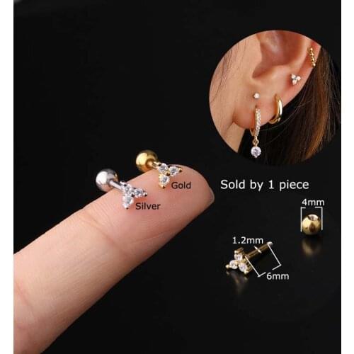 1 Piece 3-stones Cartilage Earrings Stud 16Gauge Helix Tragus Piercing Stainless Steel 6mm Length