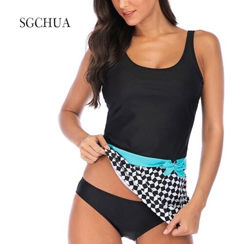 SGCHUA 2021 Print Cube Separate Swimsuit Bow Large Size 5XL Two Piece Swimwear Conservative With Black Thong Beach Bathing Suit