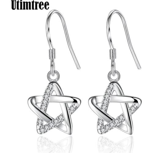 Utimtree Korean Style Hollow Out Five Star Sterling Silver Dangle Earring For Women Jewelry Wholesale 5A Cubic Zirconia Earring