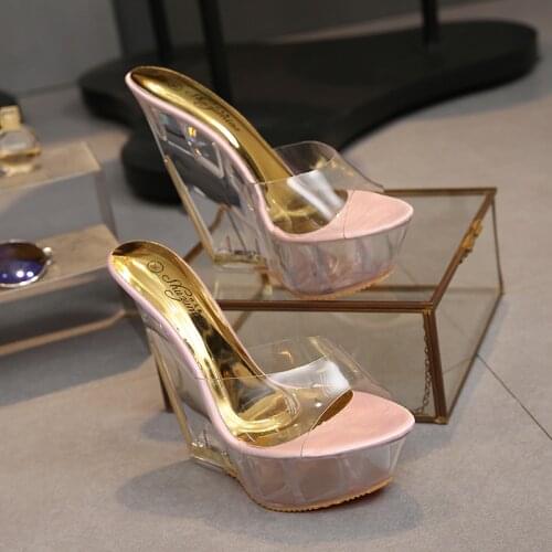 High Quality Women Shoes Slippers Summer Transparent Crystal Model Catwalk Wedding Shoes High-heeled 14cm Wedges shoes