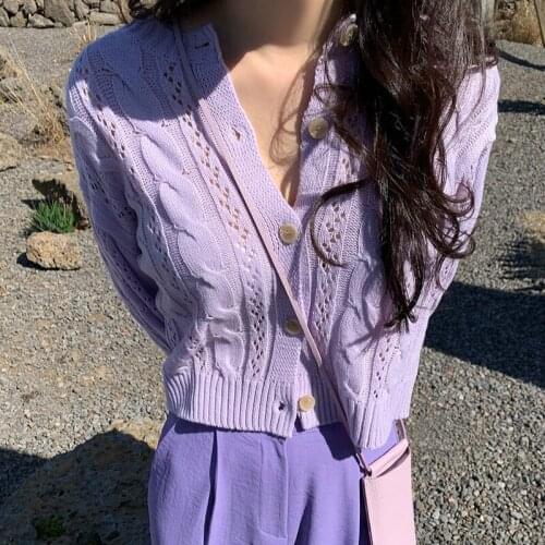 Romantic Purple Sweater O-neck Long Sleeve Short Sweater Hollow Out Loose Casual Crop Top Women Autumn Outfit Sueter Mujer