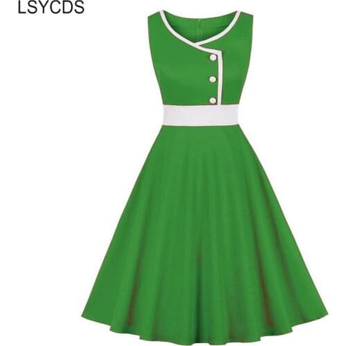 LSYCDS Women Vintage Dress Sleeveless Button High Waist Rockabilly Elegant Clothing 95% Cotton Red Party A-Line Summer Dresses