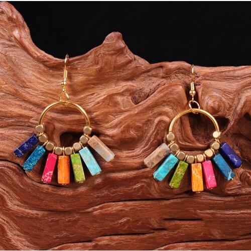 7 Chakra Earring Square Cylinder Yoga Rainbow Natural Stones Gold Color Beads Dangle Earrings Bohemian Women Drop Earrings Gifts