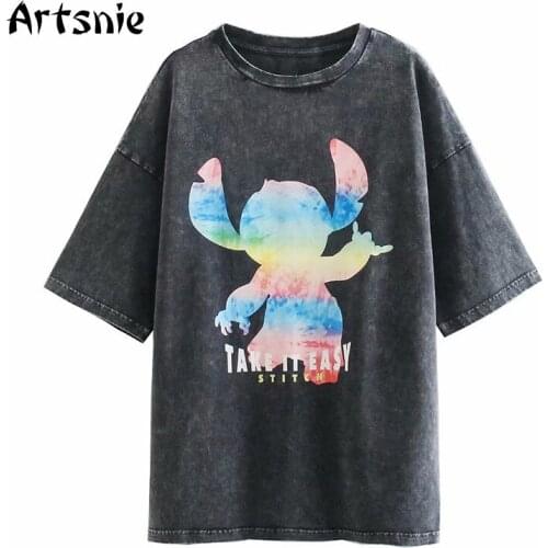 Artsnie Disney Cartoon Print T Shirt Women Summer 2021 O Neck Short Sleeve Tops Streetwear Casual Dark Gray Ladies T-shirts