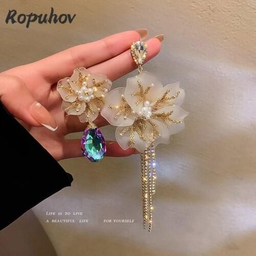 ROPUHOV 2021 New Korean Trendy Jewelry 925 Silver Needle Diamond Crystal Pearl Asymmetric Flower Earrings Tassel Earrings