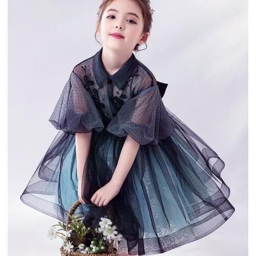 Black Dot Flower Girls Dresses Ruffles High Collar Half Sleeve Knee Length Kids Formal Wear For Wedding Birthday Party Dress