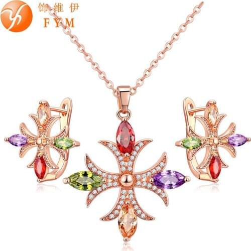 FYM Brand Popular Rose Gold color Bridal Jewelry Set for Women Multicolor AAA Cubic Zircon Pendant Necklace & Earrings FYMJS0118