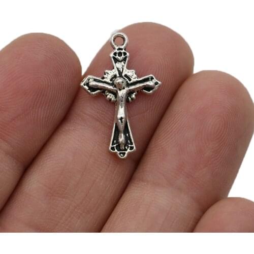 JAKONGO Antique Silver Plated Cross Jesus Charm Pendants for Jewelry Making Bracelet DIY Accessories 23x15mm 20pcs