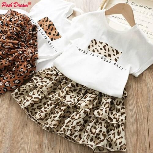 Girls Clothes Set 2019 Summer White Shirt + Leopard Cake Skirt 2 Pieces Necklace Sets Kid Basic Casula Cotton Clothing Suit