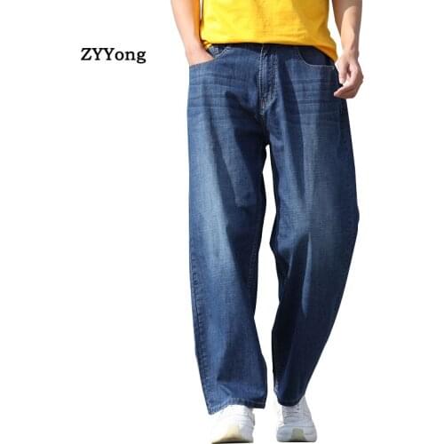 Summer Thin Section Breathable Straight Large Size Mens Jeans Harem Hip Hop Denim Streetwear Wide Leg Pants Blue Loose Trousers