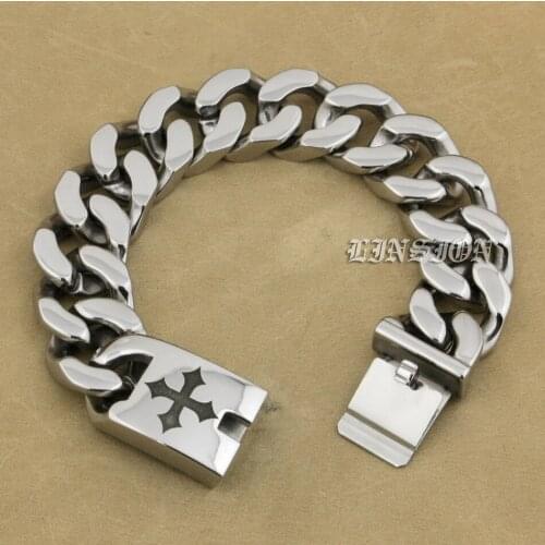 LINSION 316L Stainless Steel Deep Engraved Cross Mens Bracelet Biker Punk Link Chain Engraving Service 5D306