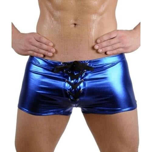 Fashion lacing male faux leather bling fashion mens bronzier trunk male panties nightclub Stage costumes boxer short