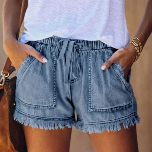 Fashion Womens Pocket Jeans Denim Pants Female Tassel Summer Short Pants Ladies Bottom Bandage XS-2XL Homewear Casual Short D9X9