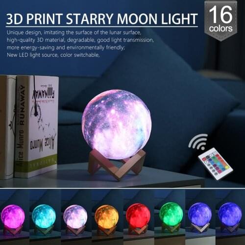 3D Print Starry Sky Star Moon Lamp Colorful 16 Color Change Touch Switch Night Light Home Decor with Wooden Holder