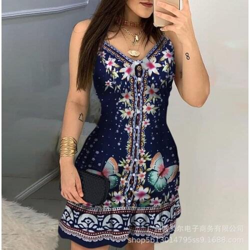 New butterfly print button ruffle dress