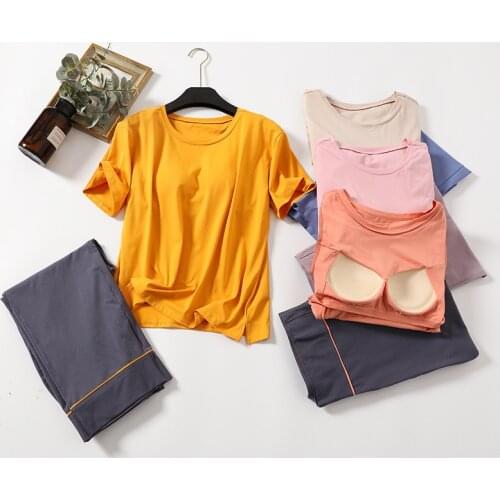 Pure color cotton home service two-piece suit with chest pad short-sleeved pajamas women summer thin style can go out cropped tr