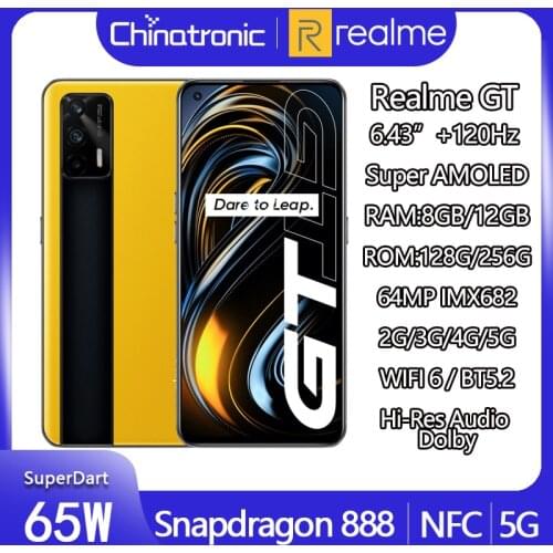 Original realme GT 5G Mobile Phone 8GB 128GB 6.43"120Hz SuperAMOLED Snapdragon 888 Octa Core 65W Fast Charger NFC Android 11