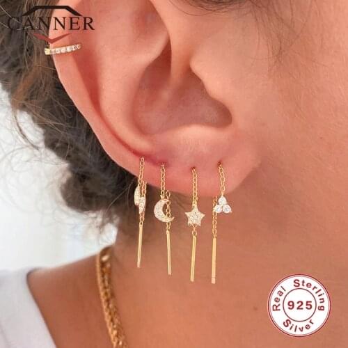 CANNER 100% Real 925 Sterling Silver Crystal Zircon CZ Drop Earrings Flower Star Moon Long Chain Ear Wire Brincos Fine Jewelry