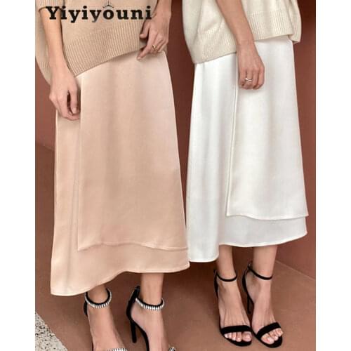 Yiyiyouni Elegant High-Waist Silk Skirt Women Office Lady Side Zipper Satin Midi Skirts Female Casual Party White A-line Skirt