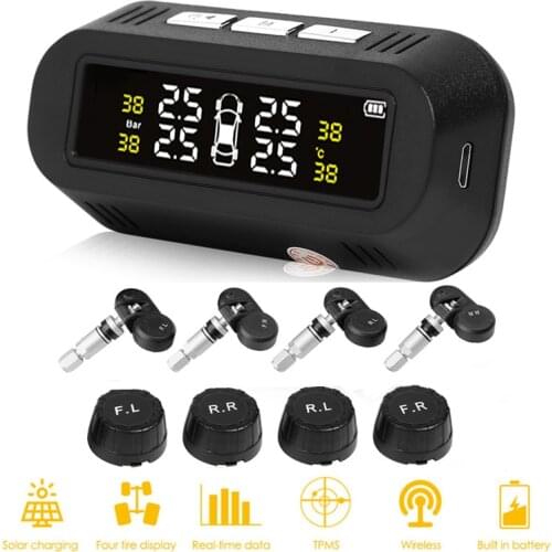 C68 USB Solar Car TPMS Tyre Tire Pressure Monitoring System with 4 External / Internal Sensors Auto Security Alarm Gauge