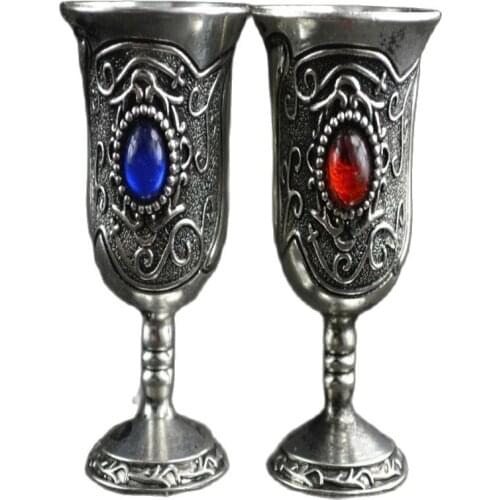 Old Decoration Handwork Tibet Silver Carved Flower Inlay Bead Pair Goblet / Cup