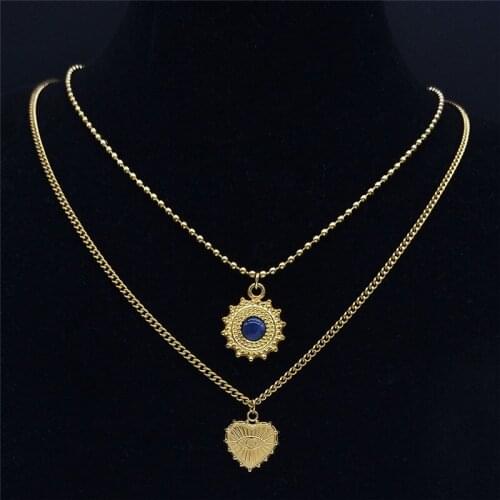 Bohemia Stainless Steel Opal Heart Turkey Eye Double Layer Necklace Gold Color Chain Necklaces Jewelry collier coeur NY45S04