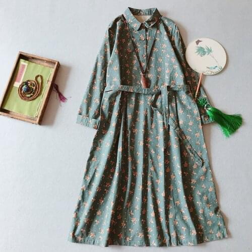 Mori Girl 2021 Vintage Women Dress Cotton Linen Long Sleeves Printed Floral Dress Elegant Fashion Loose Robe YoYiKamomo