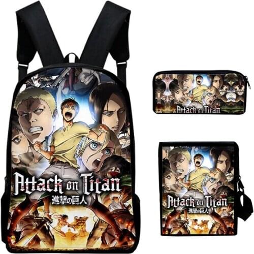 Backpack 3 Piece Set Anime Attack on Titan 3D Printed Oxford Waterproof Large Capacity Teenager Boys Girls Students Scholol Bag