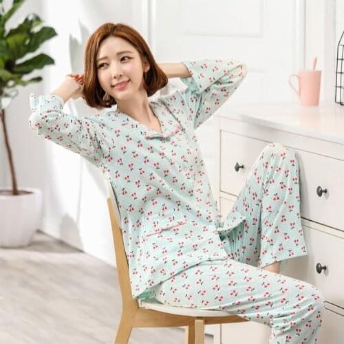 Women Cotton Pajamas Autumn Long Sleeve Korean Cute Sweet Pyjamas Printing Sleepwear Loungewear Sleep Home Clothes 2-piece Set
