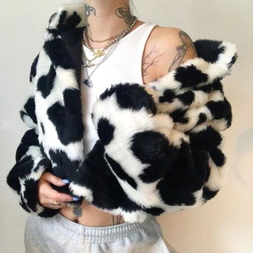 Goth Dark Punk Style Gothic Crop Faux Fur Coats Fashion Harajuku Cow Print Long Sleeve Women Jackets Warm Streetwear 2021 Spring