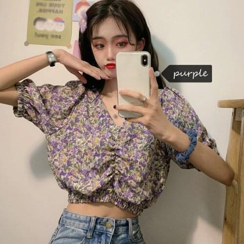 Harajuku Floral Print V-Neck Beach Style Short Sleeve Shirt Sweet Pleated Small Floral Print Short Chiffon Women Blouse