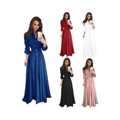 Spring Summer Women Plus Size Long Sleeve Shirt Dress Fashion Button Maxi Dress