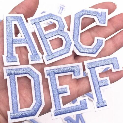 1Pcs A-Z Pure Blue Color English Alphabet Letters Patch Embroidered Name Applique Iron on Patches for Diy Clothes Sticker Badge