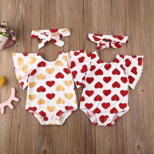 2Pcs Newborn Baby Girl Valentines Day Short Sleeve Heart Print Romper Jumpsuit +Headband 2PCS Outfits Set
