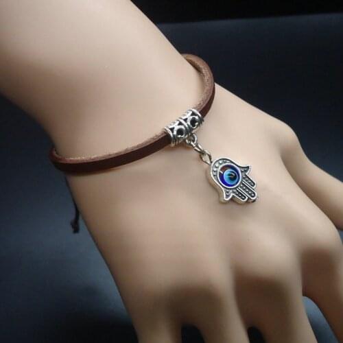 2015 Fashion Friendship Vintage Hamsa Charm Genuine Leather Bracelet for Women Femme Homme Men Jewelry Accessories