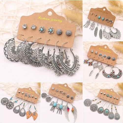 Retro 6 Pairs Of Fashionable Hot-Selling Set Earrings Women, Big Circle Wings, Hollow Flowers, Niche Temperament